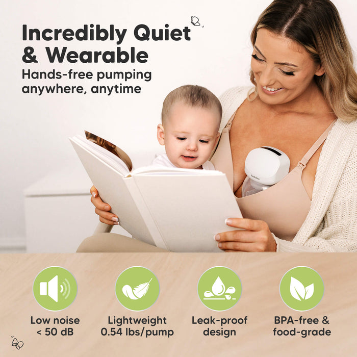 Incredibly Quiet & Wearable, Hands-free pumping anywhere, on the go, Low noise <50 dB, Lightweight 0.54 lbs/pump, Leak-proof design, BPA-free & food-grade.