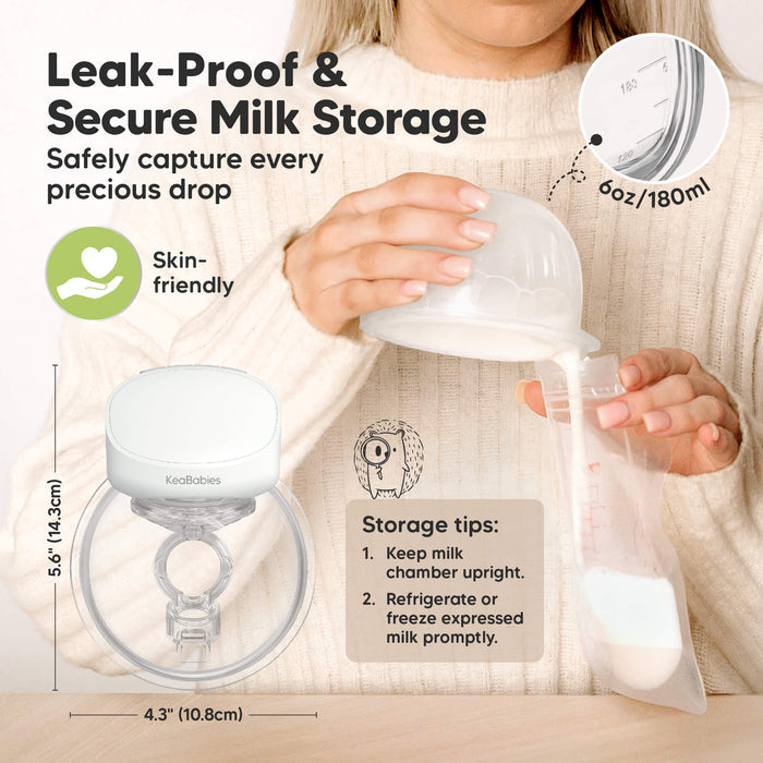 Leak-Proof & Secure Milk Storage, Safely capture every precious drop, Skin-friendly, Storage tips: Keep upright, Refrigerate milk, Clean pump promptly.