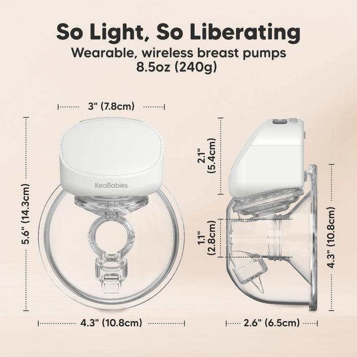 So Light, So Liberating, Wearable, wireless breast pumps, 8.5oz (240g), 3" (7.8cm), 5.6" (14.3cm), 4.3" (10.8cm), 2.1" (5.4cm), 1.1" (2.8cm), 4.3" (10.8cm), 2.6" (6.5cm).