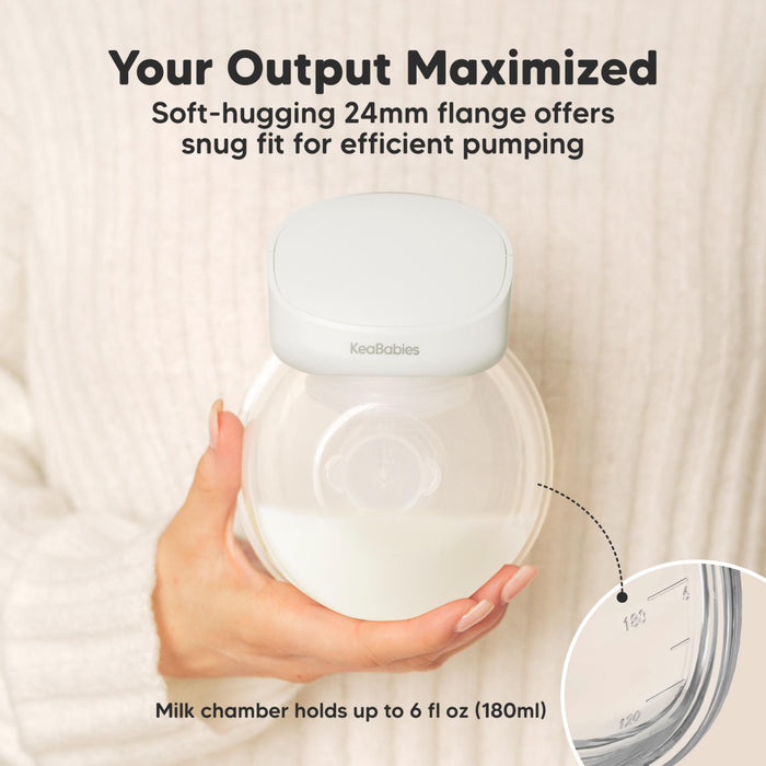 Your Output Maximized, Soft-hugging 24mm flange offers snug fit for efficient pumping, Milk chamber holds up to 6 fl oz (180ml).