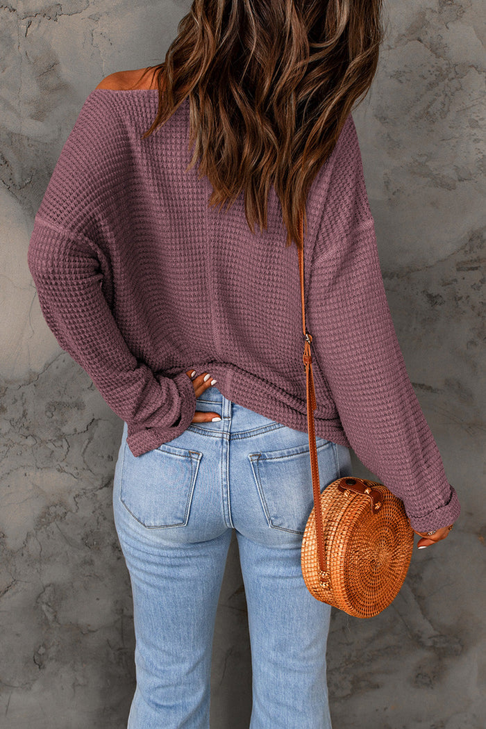 purple Waffle Knit Loose Long Sleeve Top - Tops/Long Tops