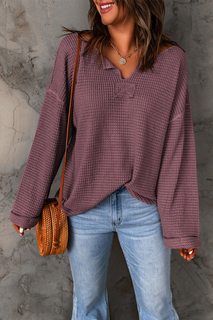 purple Waffle Knit Loose Long Sleeve Top - Tops/Long Tops