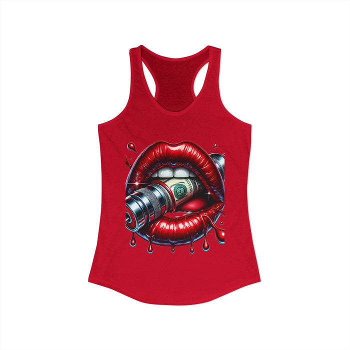 Red tank top with a graphic design of lips holding a dollar bill on a white background