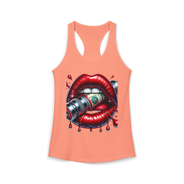 Peach tank top with a graphic design of red lips holding a money bill on a white background