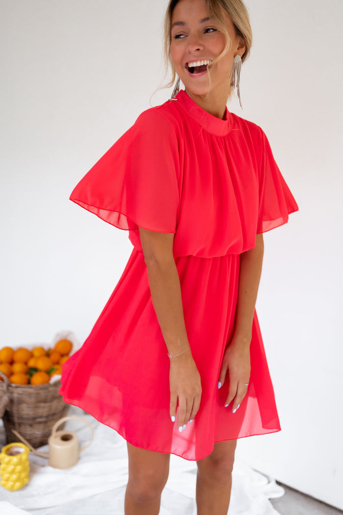 Raspberry Amandine flared-sleeve mini dress, front view