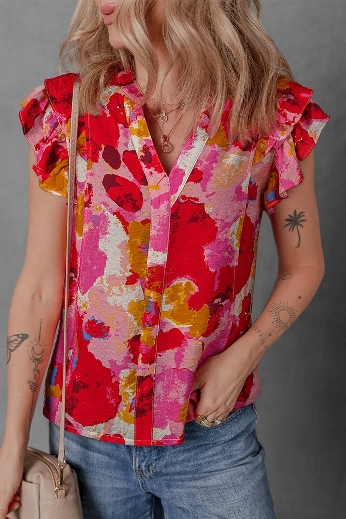 Red Abstract Print Split V Neck Ruffle Short Sleeve Blouse - S / 85% Viscose + 15% Polyamide - Tops/Blouses & Shirts