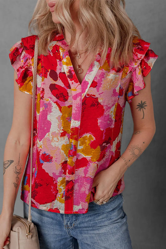 Red Abstract Print Split V Neck Ruffle Short Sleeve Blouse - S / 85% Viscose + 15% Polyamide - Tops/Blouses & Shirts