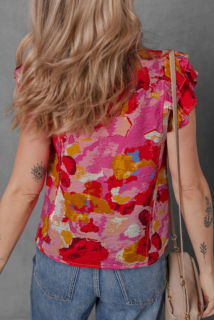 Red Abstract Print Split V Neck Ruffle Short Sleeve Blouse - Tops/Blouses & Shirts