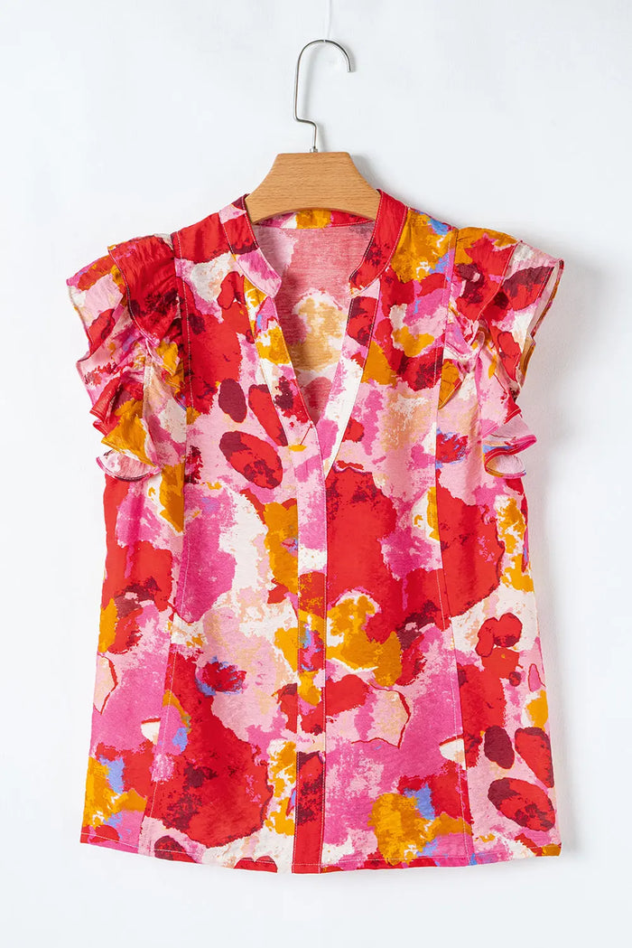 Red Abstract Print Split V Neck Ruffle Short Sleeve Blouse - Tops/Blouses & Shirts