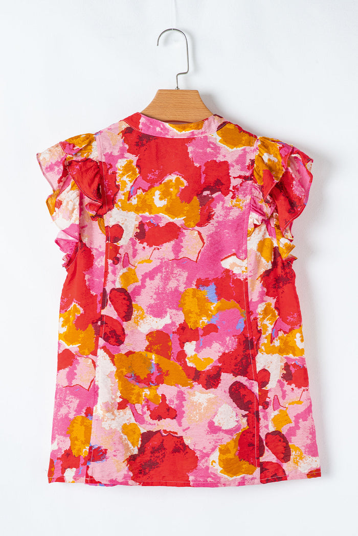 Red Abstract Print Split V Neck Ruffle Short Sleeve Blouse - Tops/Blouses & Shirts