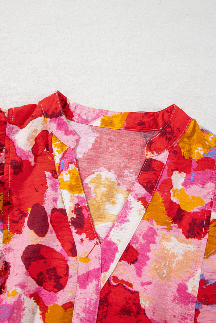 Red Abstract Print Split V Neck Ruffle Short Sleeve Blouse - Tops/Blouses & Shirts