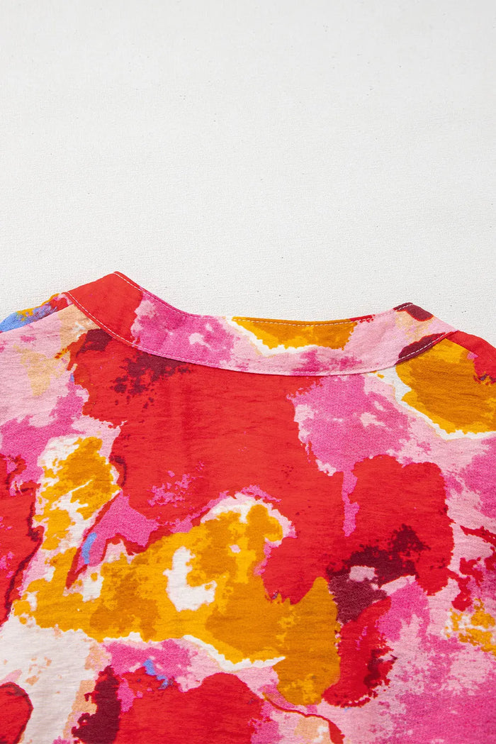 Red Abstract Print Split V Neck Ruffle Short Sleeve Blouse - Tops/Blouses & Shirts