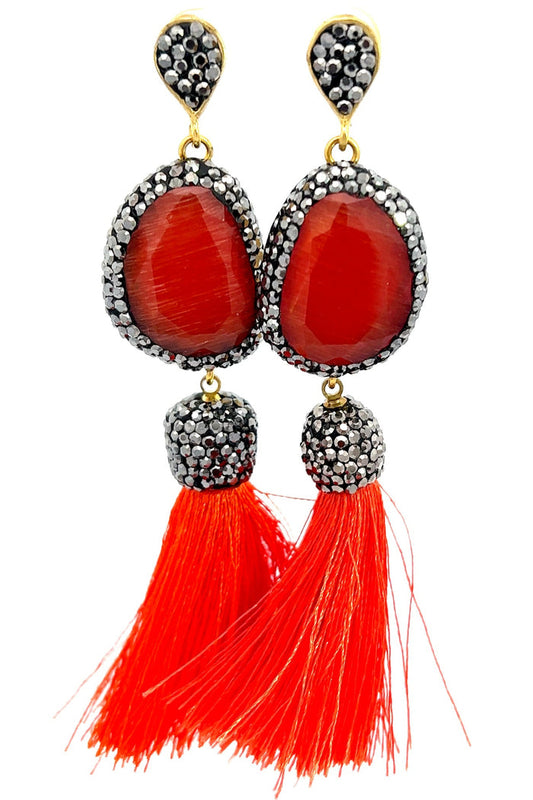 Style the Red Gemstone Silver Crystal Gold Plated Red Tassel Earring exclusively at Born To Glam