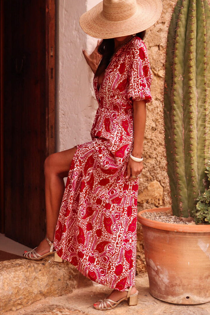 Red Paisley Print Side Slit Puff Sleeve High Waist Maxi Dress - Dresses/Maxi Dresses