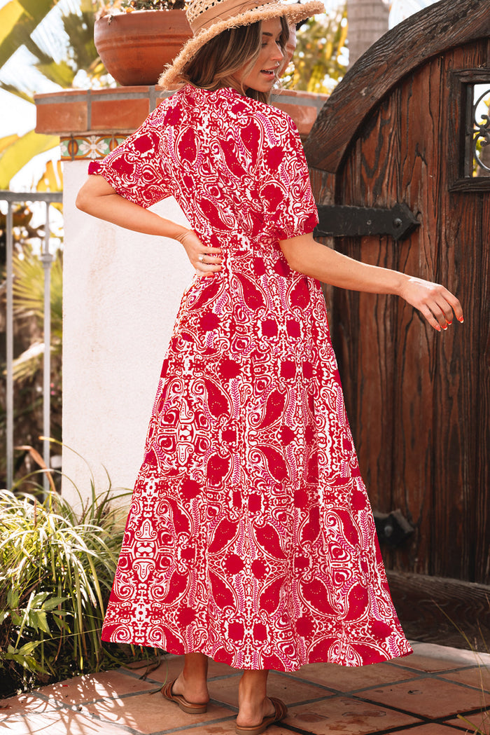 Red Paisley Print Side Slit Puff Sleeve High Waist Maxi Dress - Dresses/Maxi Dresses