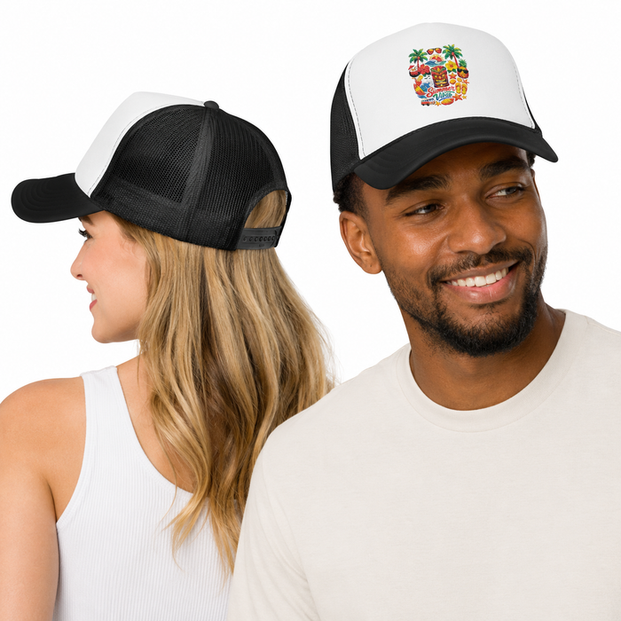 Rear view of trucker cap showing quality black mesh panels, reinforced seams and adjustable plastic snapback closure.
