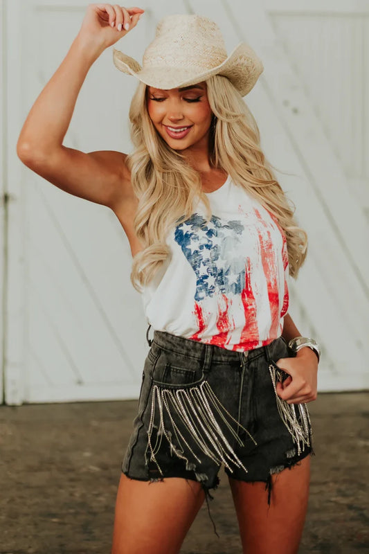 Rhinestone Fringe Pocket Black Denim Shorts