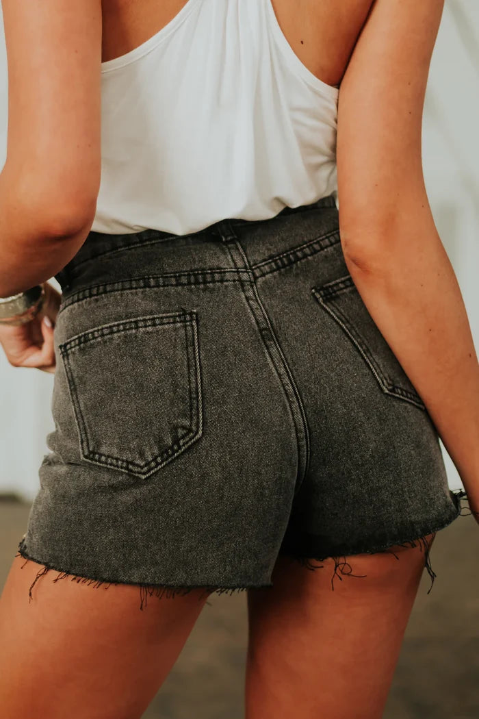 Rhinestone Fringe Pocket Black Denim Shorts