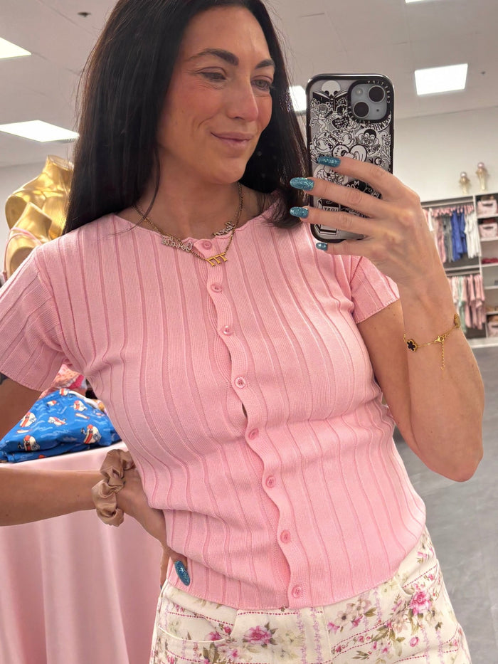 Ribbed Short Sleeve Buttoned Top - Pink - Intimate Whispers
