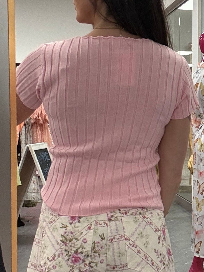 Ribbed Short Sleeve Buttoned Top - Pink - Intimate Whispers