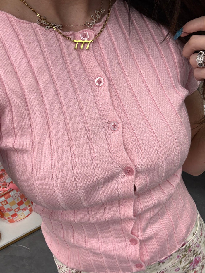Ribbed Short Sleeve Buttoned Top - Pink - Intimate Whispers