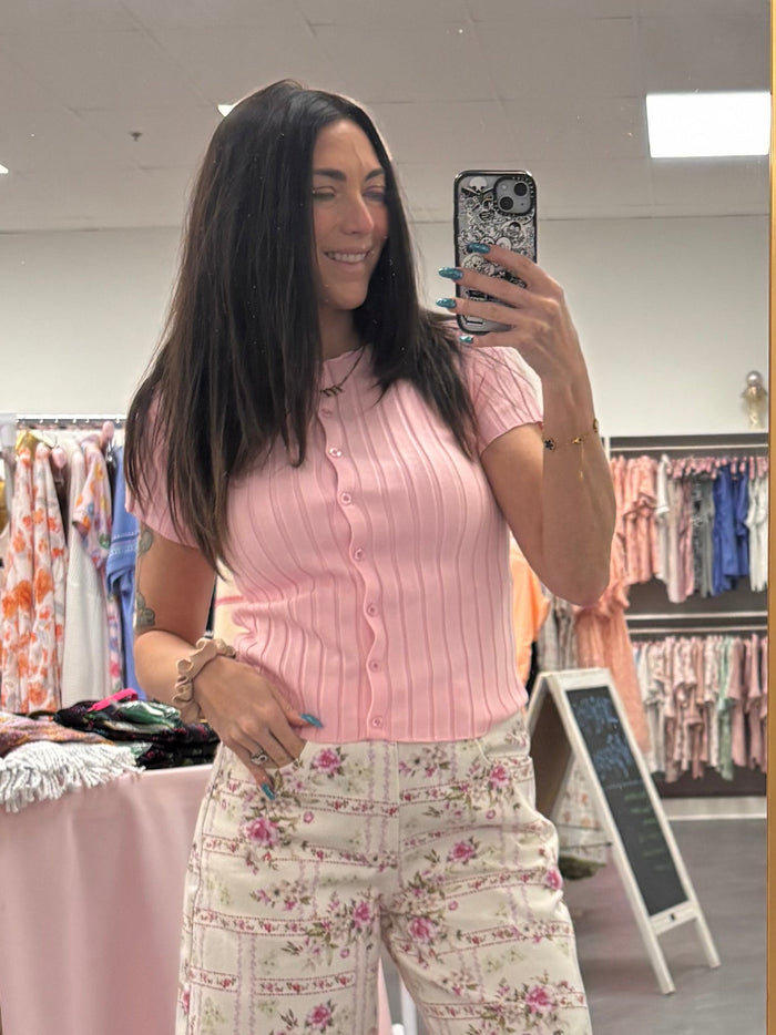 Ribbed Short Sleeve Buttoned Top - Pink - Intimate Whispers
