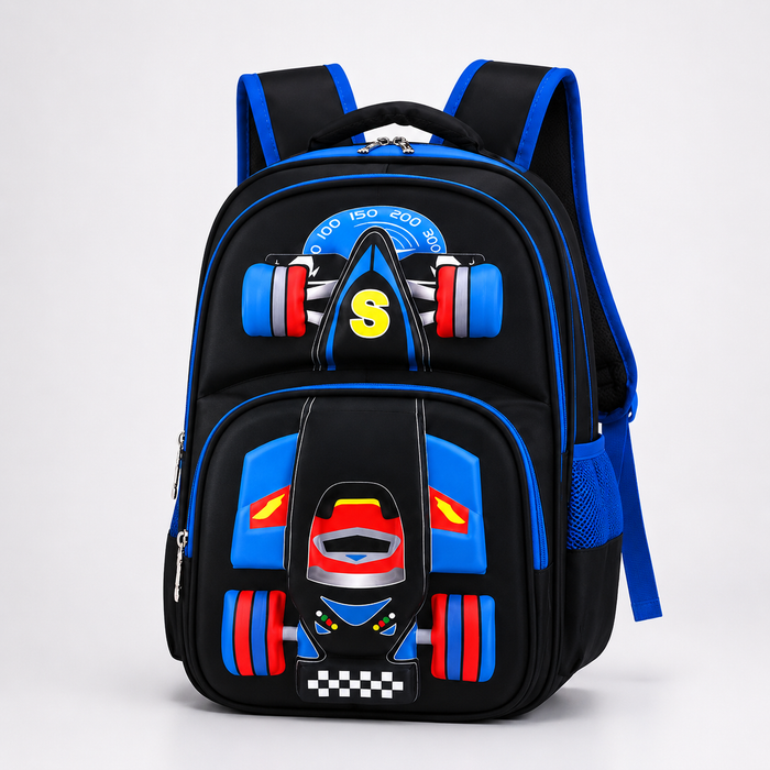 Rolling backpack for boys with 3D car styling, trolley handle, wheels, and school-ready storage for daily books and supplies.