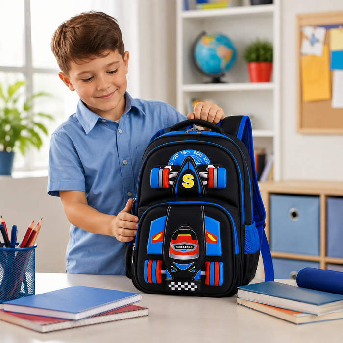 3D car rolling school backpack for boys with trolley wheels design, roomy storage, and practical organization for class days.