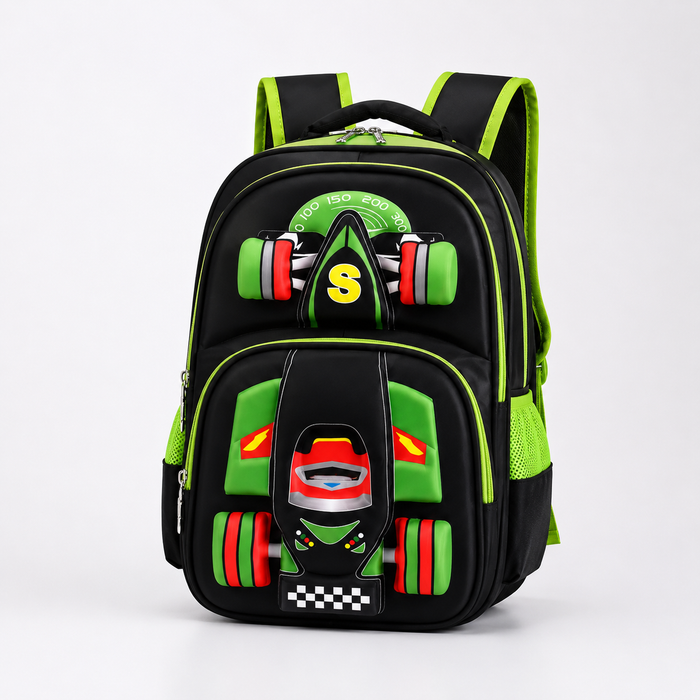 School trolley backpack for boys with 3D car design, wheeled handles, and roomy interior for books, lunchboxes, and supplies.