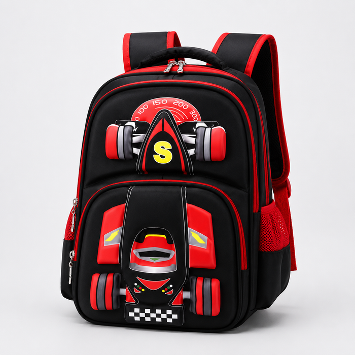 Kids rolling school bag with 3D car design, trolley handle, wheeled base, and organized storage for everyday school routines.