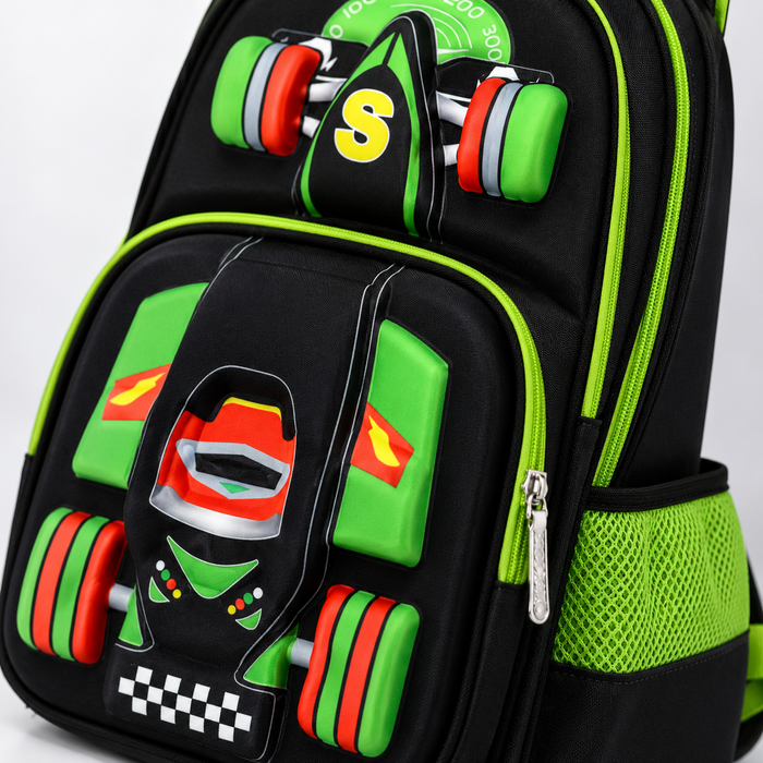 Car design backpack with wheels for boys featuring trolley handling and spacious school storage for books and key essentials.