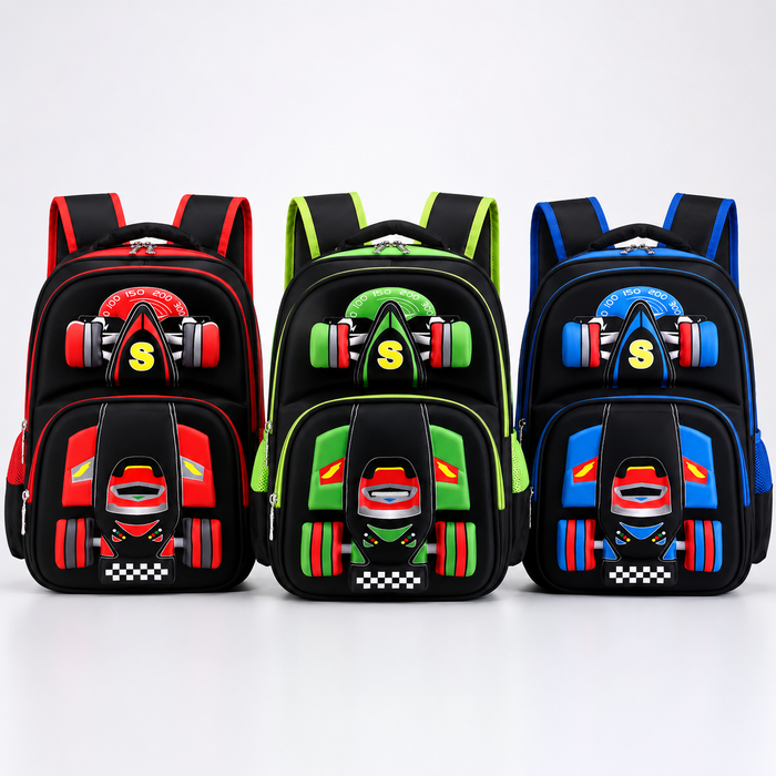 Wheeled backpack for boys with 3D vehicle styling, trolley handle, and practical compartments for school and weekend travels.