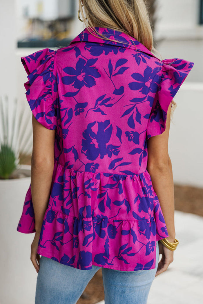 Rose Floral Print Collared Button Neckline Flutter Sleeve Blouse - Tops/Blouses & Shirts
