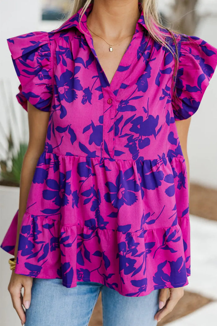 Rose Floral Print Collared Button Neckline Flutter Sleeve Blouse - Tops/Blouses & Shirts
