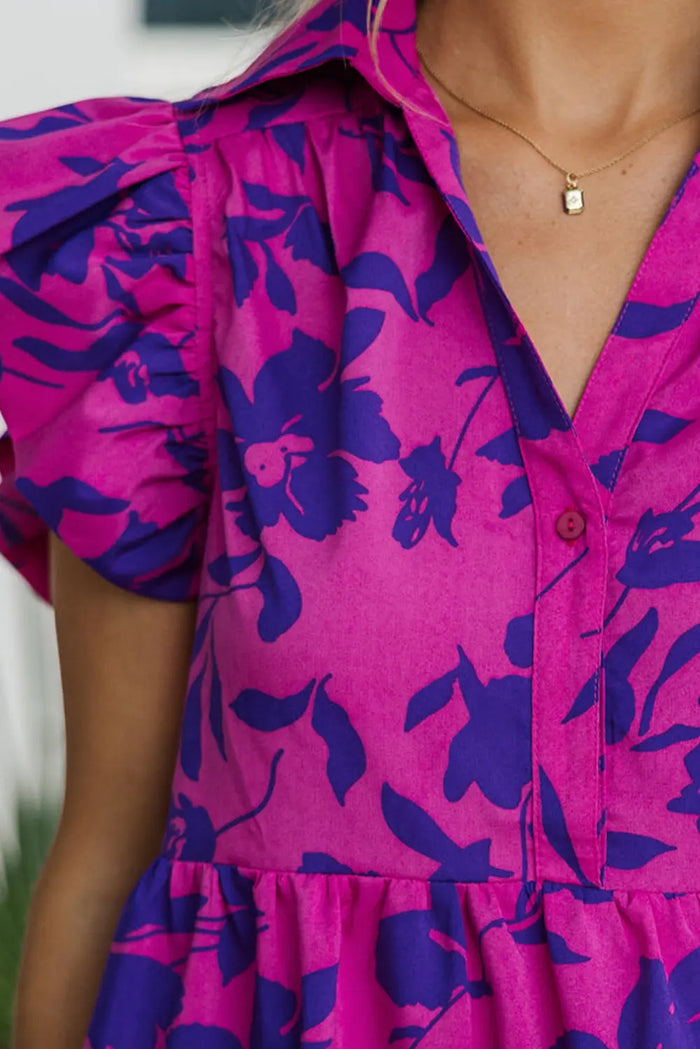Rose Floral Print Collared Button Neckline Flutter Sleeve Blouse - Tops/Blouses & Shirts