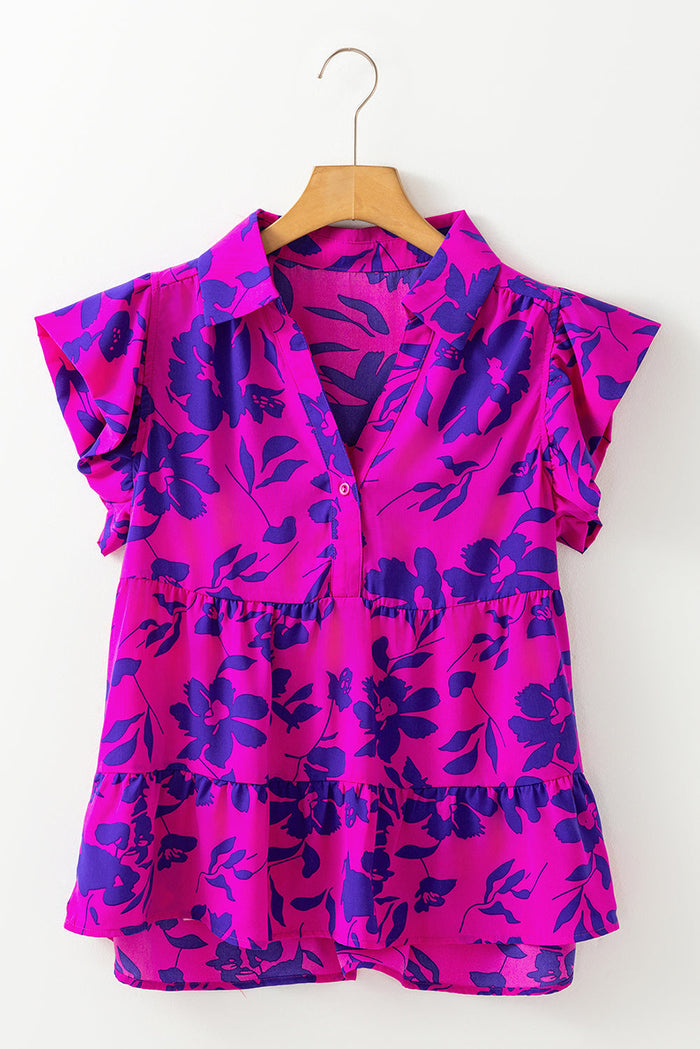 Rose Floral Print Collared Button Neckline Flutter Sleeve Blouse - Tops/Blouses & Shirts