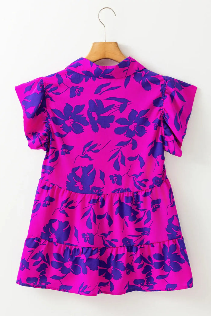 Rose Floral Print Collared Button Neckline Flutter Sleeve Blouse - Tops/Blouses & Shirts