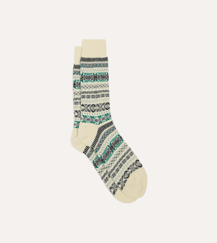 RoToTo Ecru Cotton Fair Isle Socks