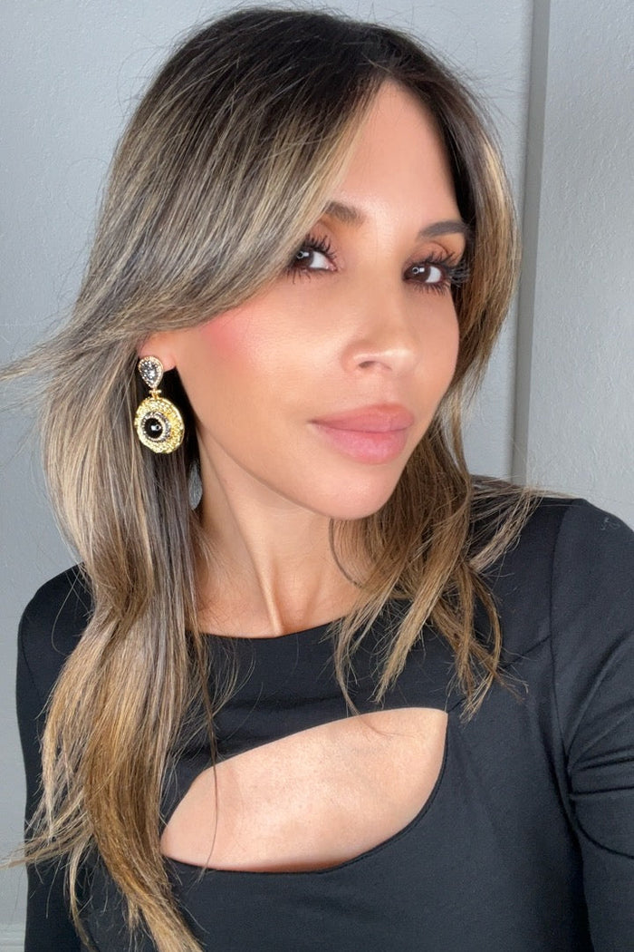 Style the Round Gemstone & Crystal Brass Dangle Earring exclusively at Born To Glam