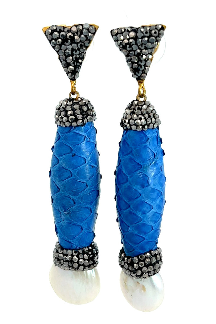 Style the Royal Blue Python Print & Pearl Drop Earring exclusively at Born To Glam