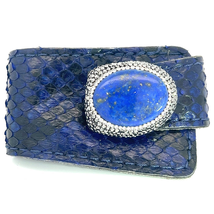 Royal Blue Snakeskin Print Leather Wraparound Gemstone Bracelet - Born To Glam