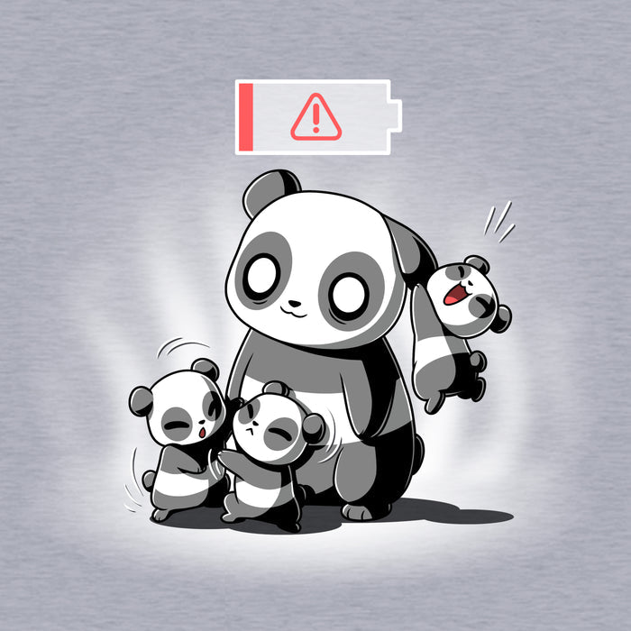 Classic Cotton T-shirt_TeeTurtle Running on Empty heather gray t-shirt featuring a cartoon of a parent panda with two cubs fighting in front of the parent and one cub hanging from the parent's ear with a low battery icon overhead.