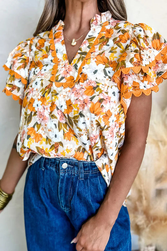 Russet Orange Ruffled V Neck Scalloped Short Sleeve Floral Blouse - S / 100% Polyester - Tops/Blouses & Shirts