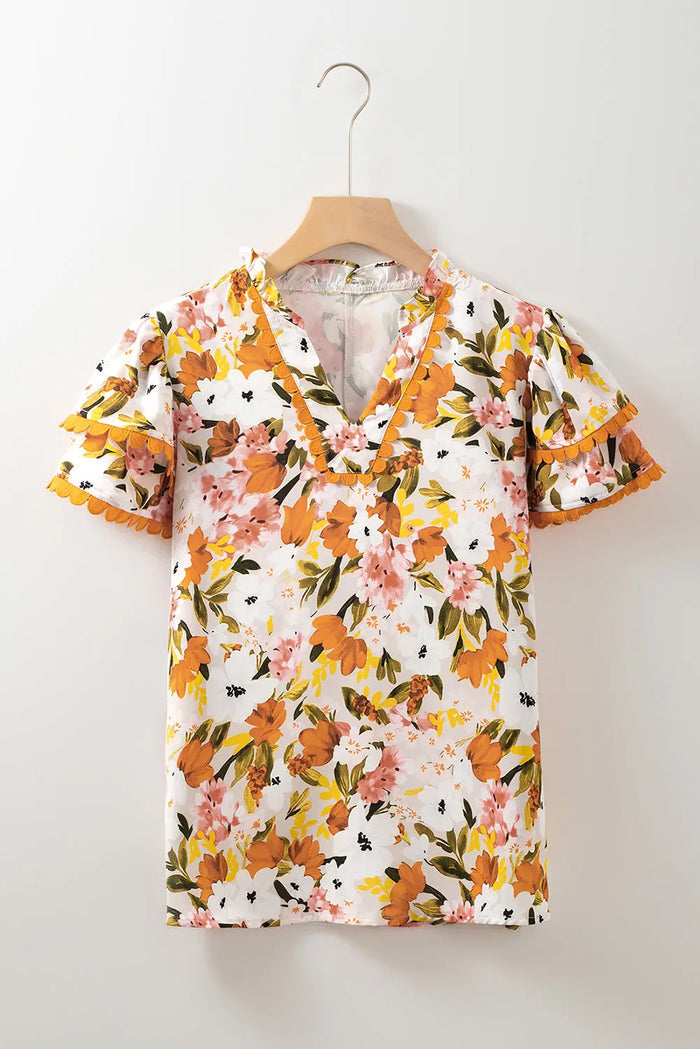 Russet Orange Ruffled V Neck Scalloped Short Sleeve Floral Blouse - Tops/Blouses & Shirts