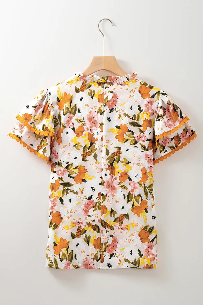 Russet Orange Ruffled V Neck Scalloped Short Sleeve Floral Blouse - Tops/Blouses & Shirts