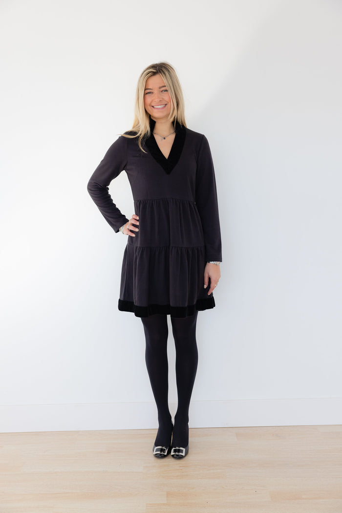 Front view of Sail to Sable Long Sleeve Fit and Flare Dress - Black
