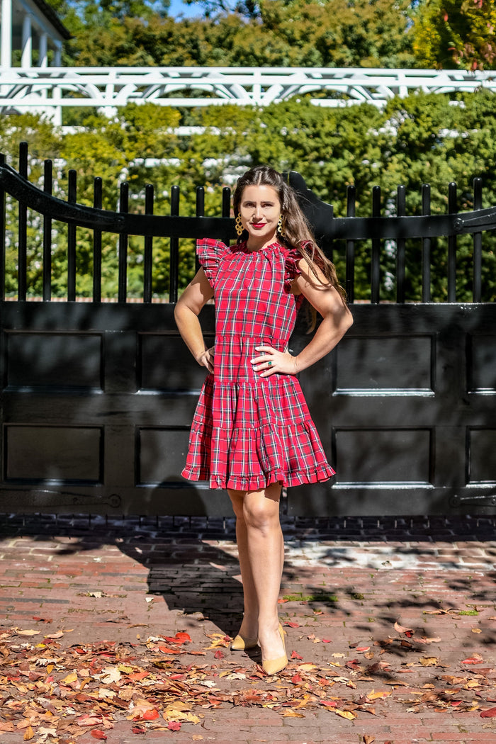Full body view of the Sail To Sable Tartans Dress - Red Plaid