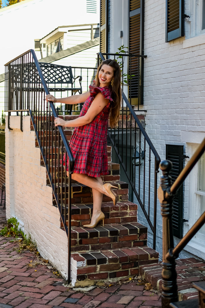 Side view of the Sail To Sable Tartans Dress - Red Plaid