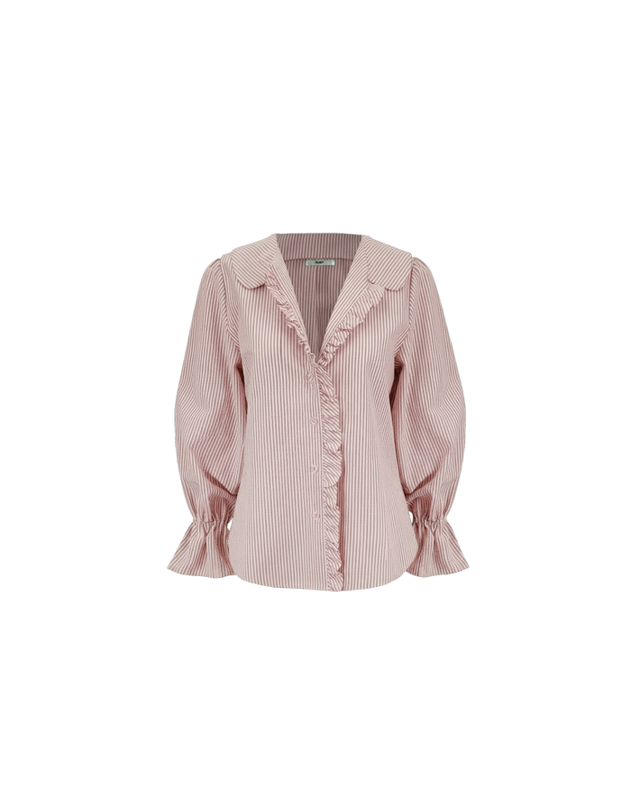 SANDLER RUFFLE SHIRT PINK BURGUNDY STRIPE