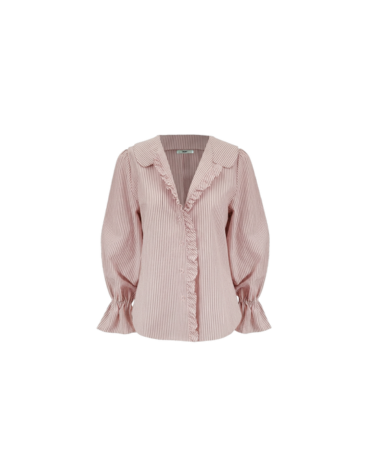 SANDLER RUFFLE SHIRT PINK BURGUNDY STRIPE